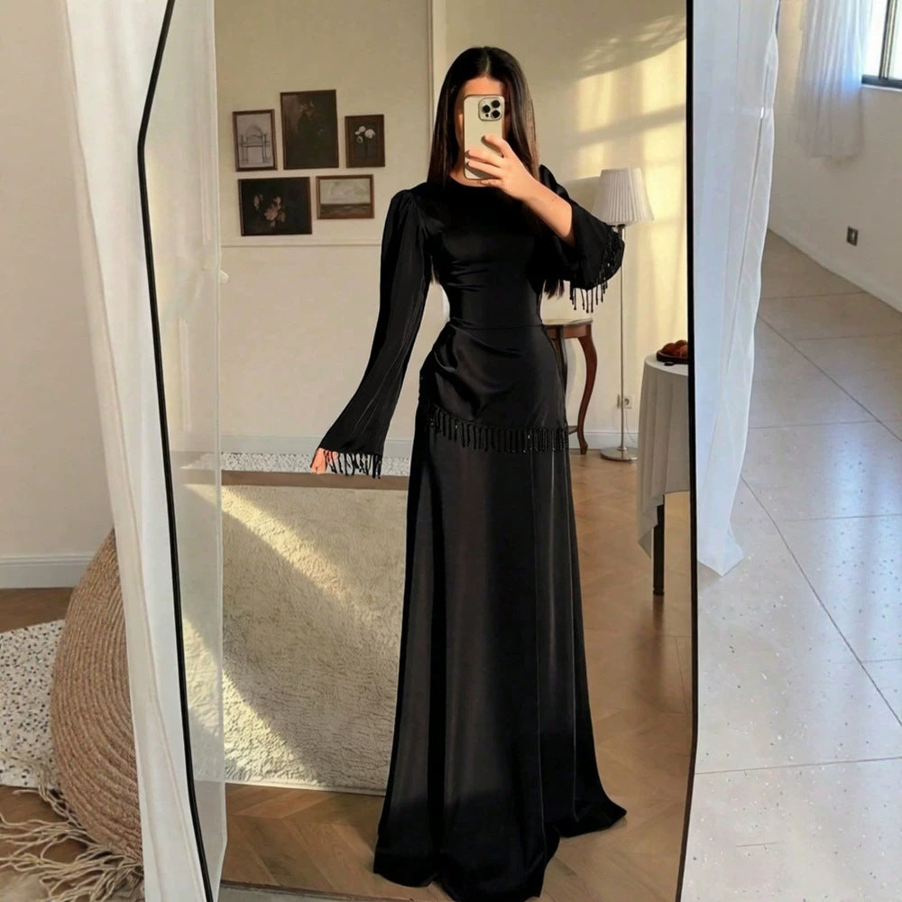 Satin Crew Neck Long Sleeve Beaded Fringe Trim Maxi Dress