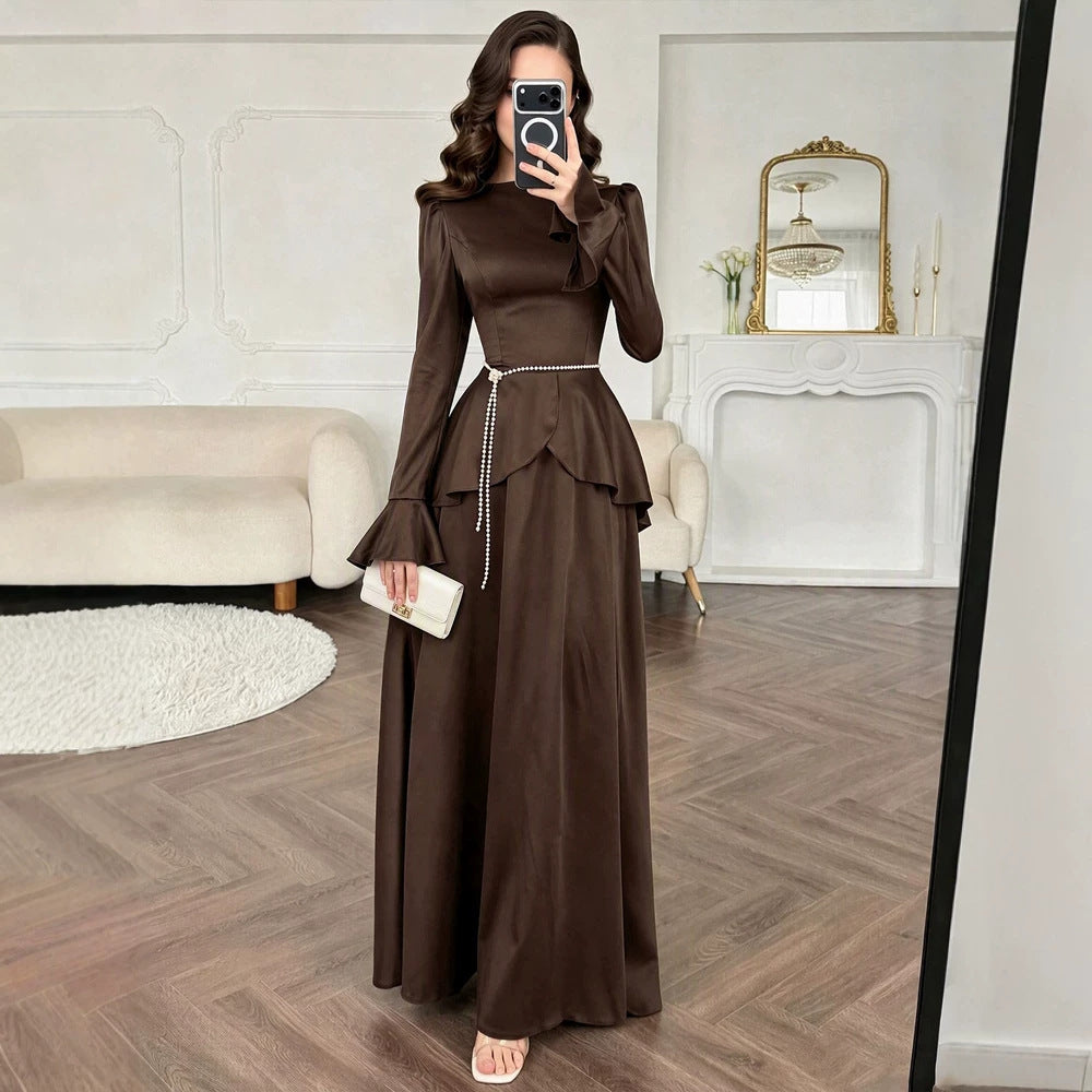 Crew Neck Flare Sleeve Asymmetric Peplum Waist A-Line Maxi Dress 3