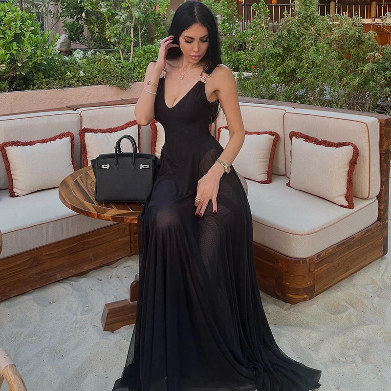Slim V neck Backless Strap Mesh Dress - View 6