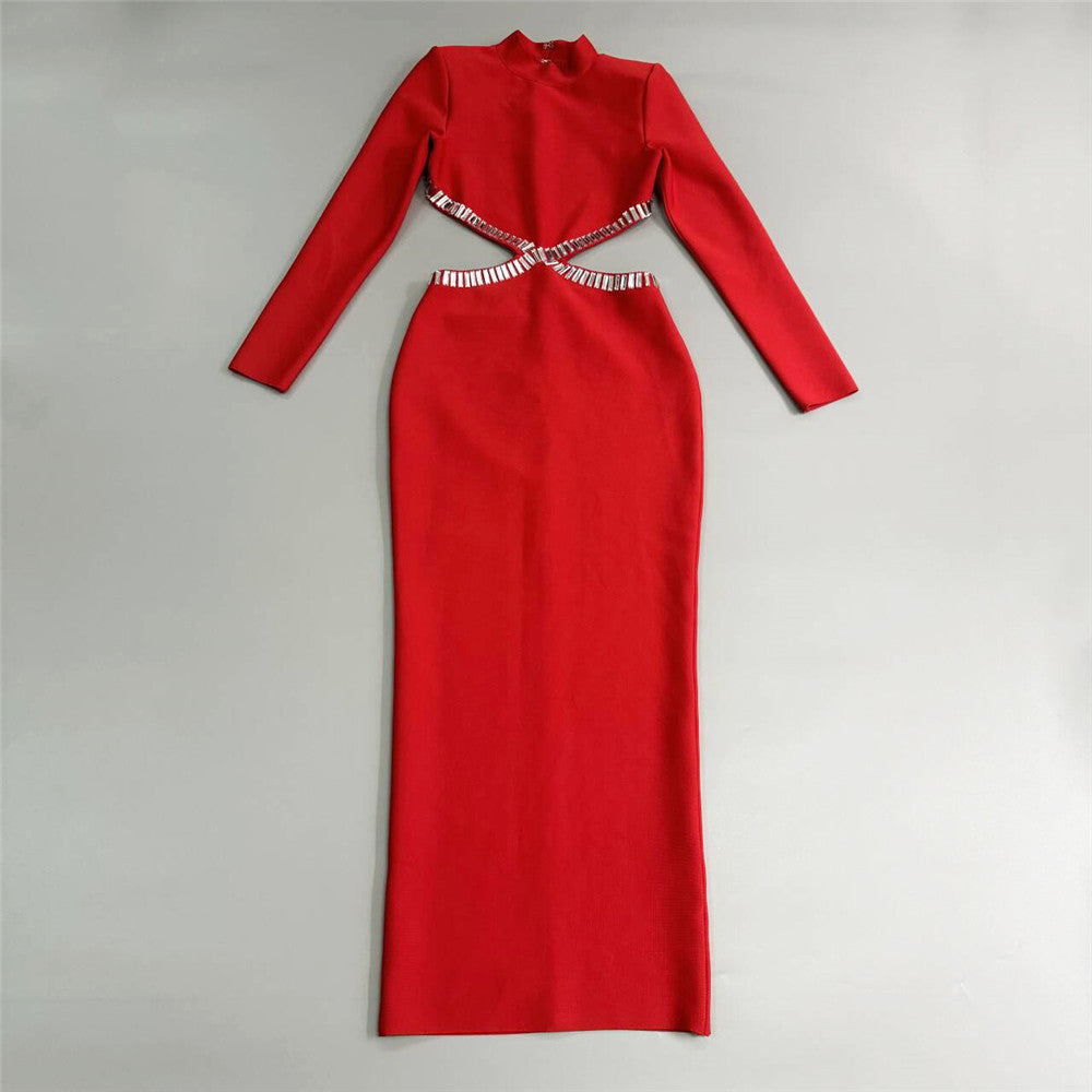 Rhinestone Cutout Long Sleeve Bandage Dress - View 2