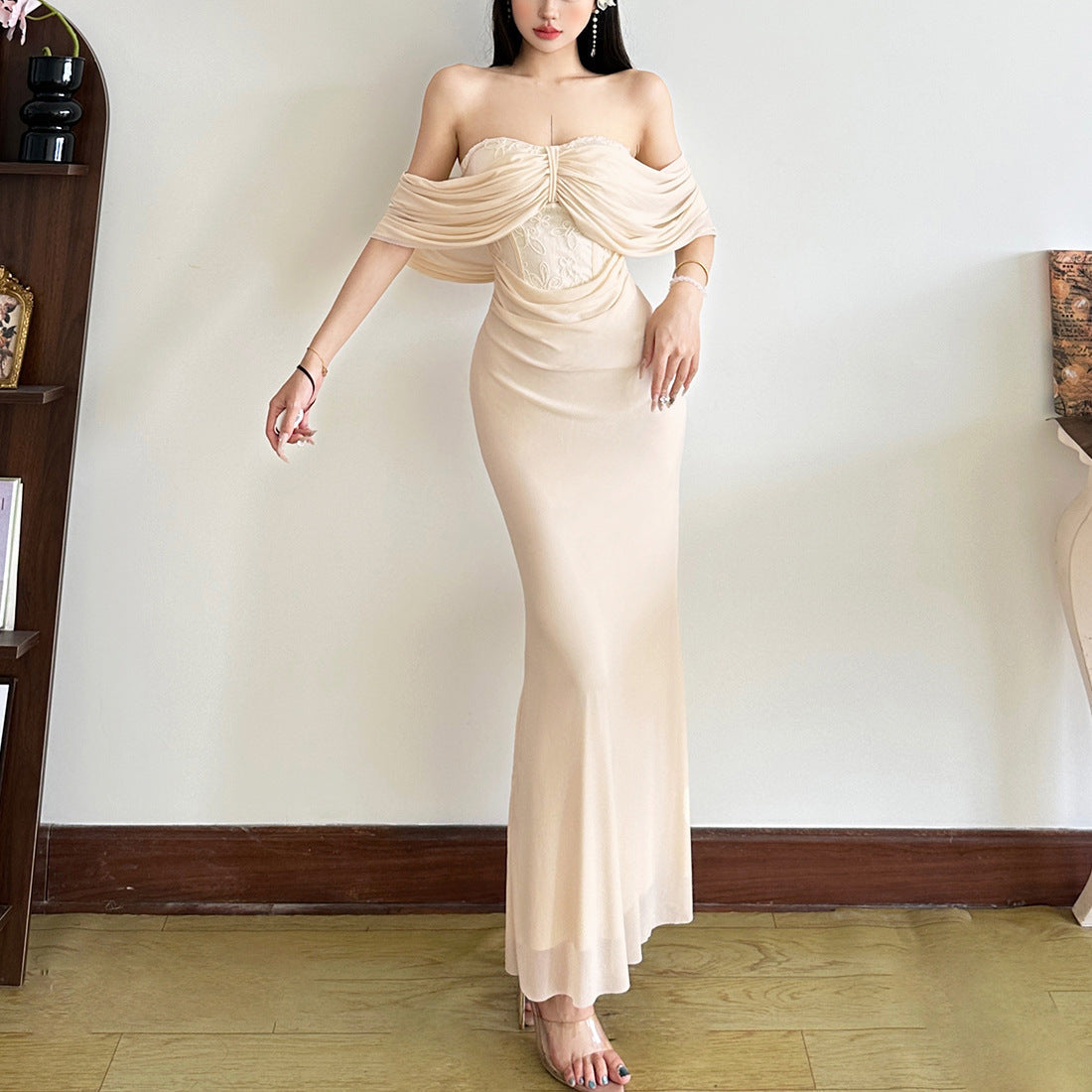 Off Shoulder Draped Lace Ruched Mermaid Maxi Dress