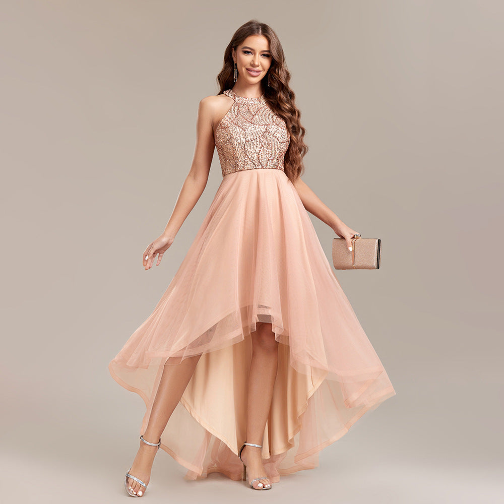 Halter Neck Sequin Tulle High Low A-Line Party Dress
