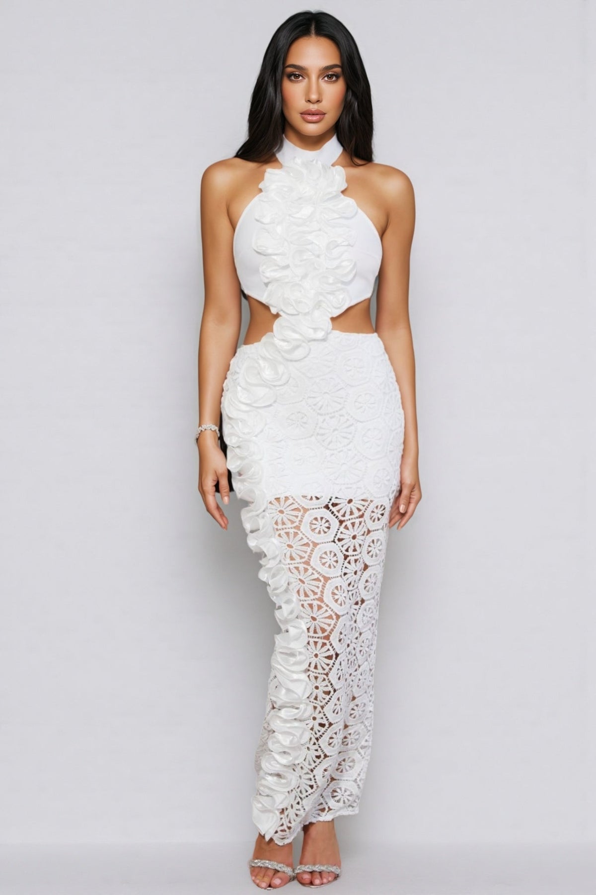Halter Neck Ruffle Trim Cut Out Crochet Lace Maxi Dress