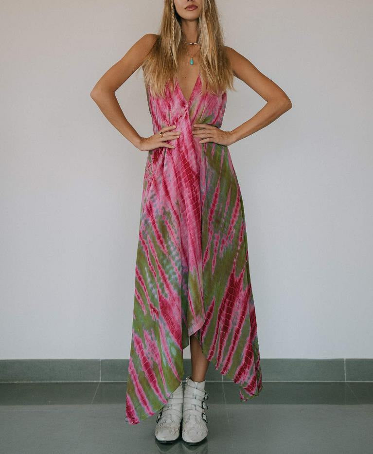 Tie Dye Deep V-Neck Sleeveless Backless Asymmetric Hem Midi Dress 16