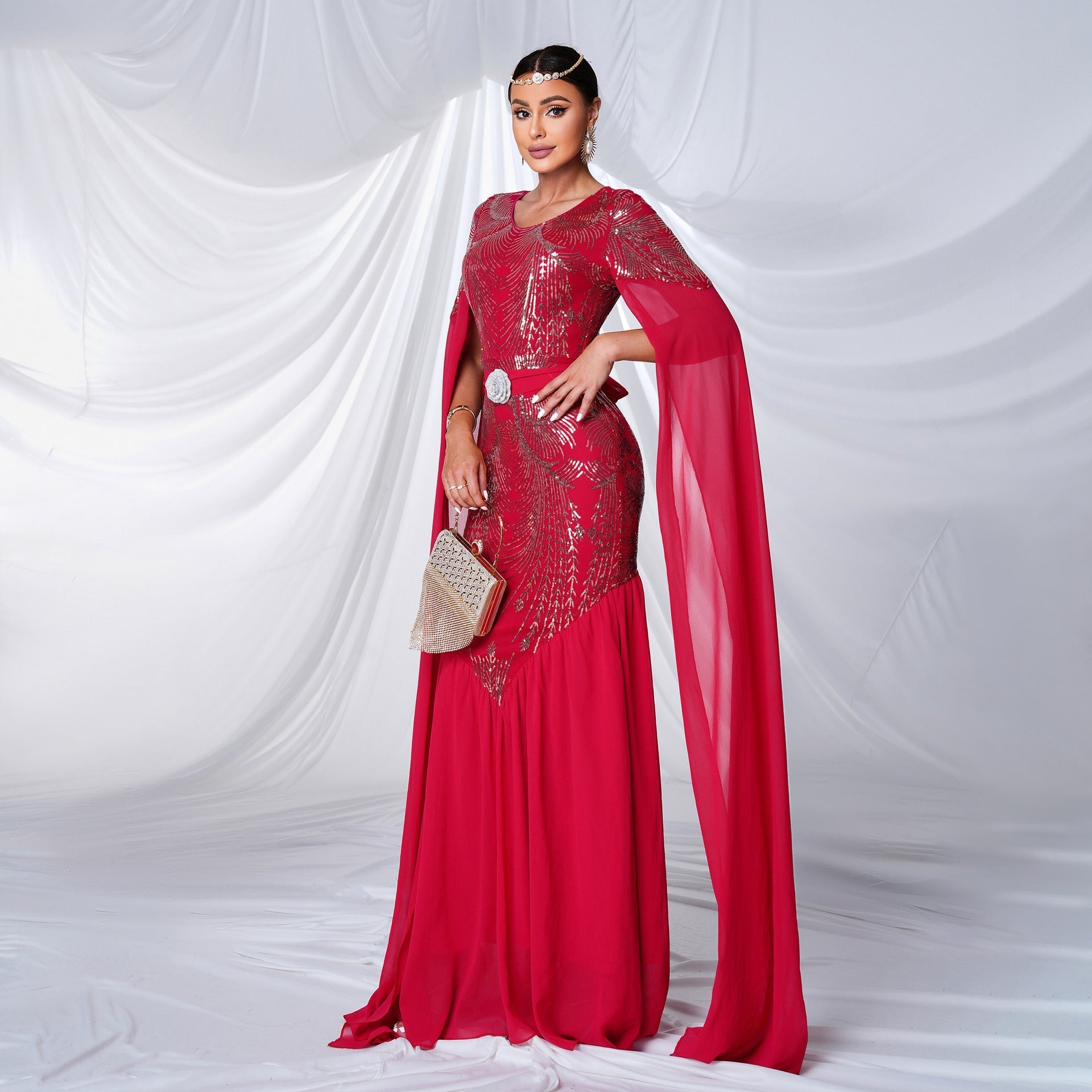 Sequin Round Neck Cape Sleeve Beaded Mermaid Evening Gown
