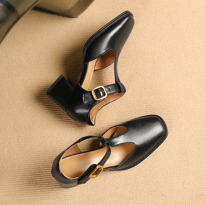 Square Toe T-Strap Buckle Block Heel Mary Jane Pumps