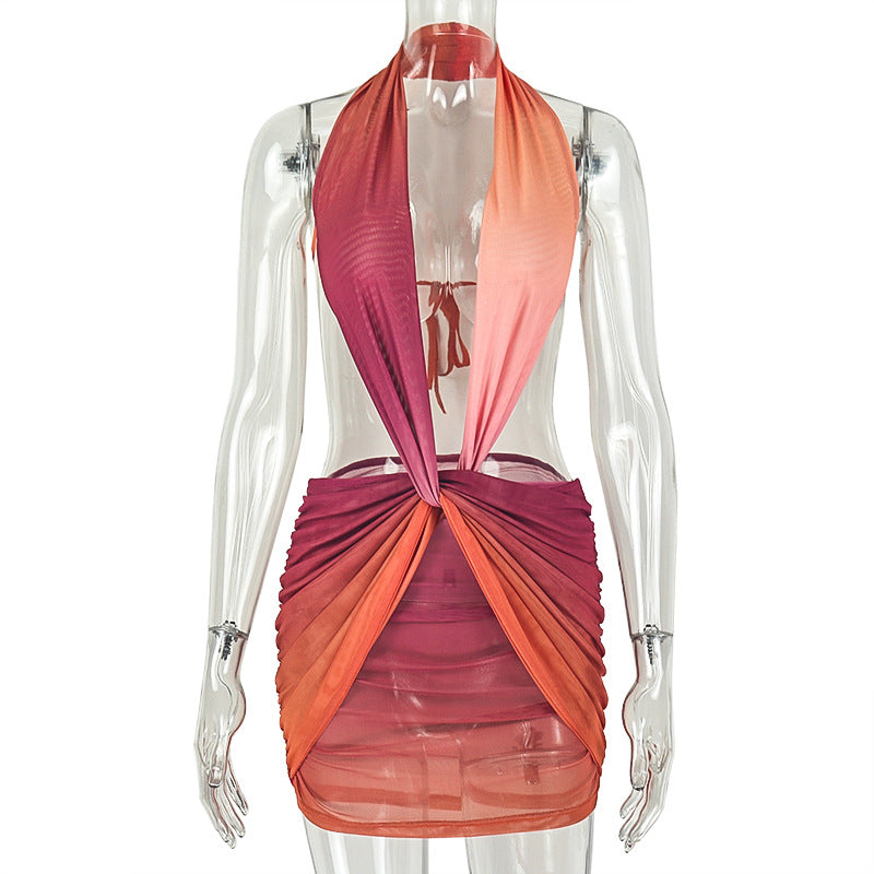Gradient Mesh Plunging Halter Twist Front Cut Out Mini Dress 2