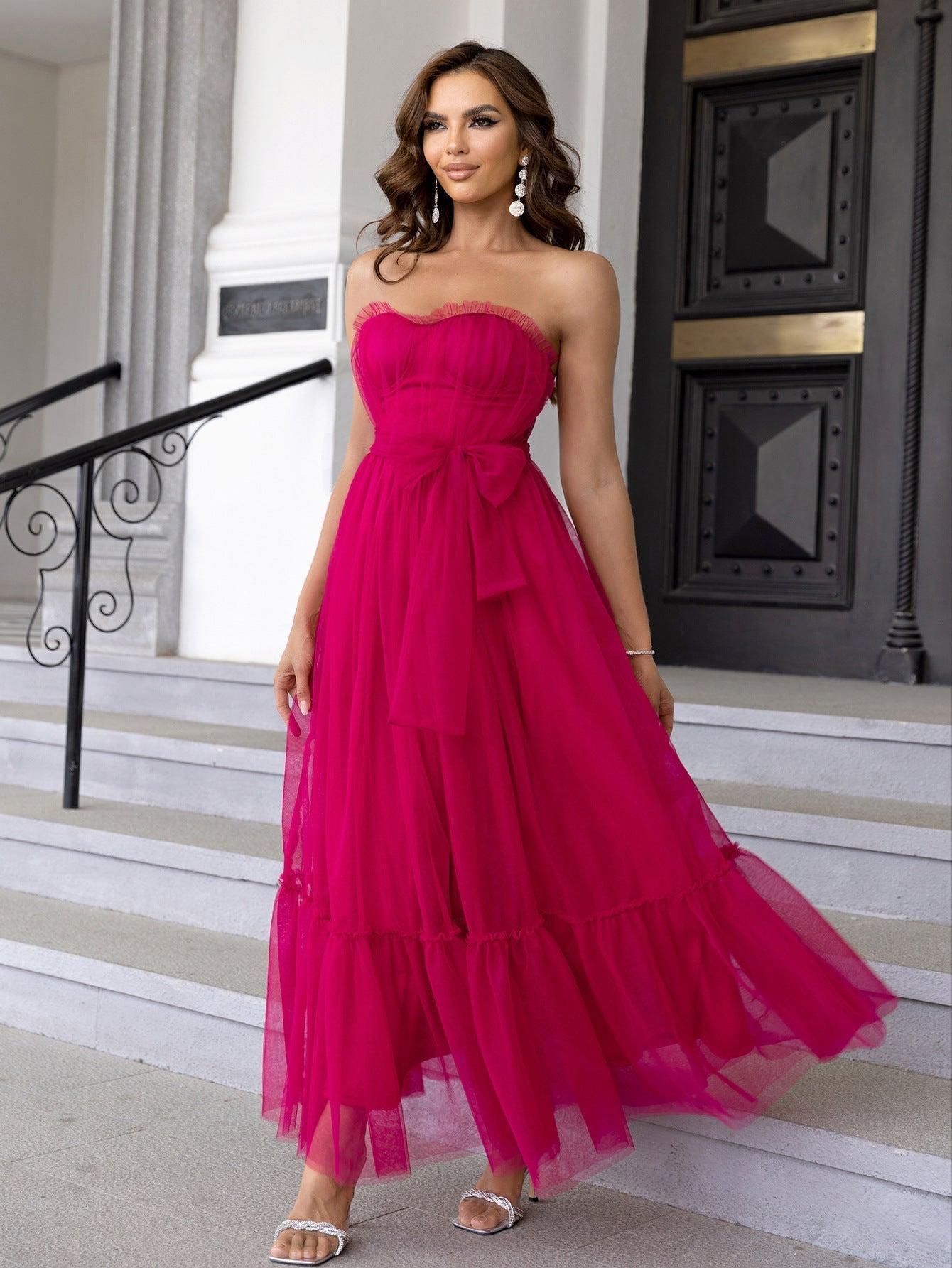 Mesh Dress Lace up Dress Ruffled Tied Mesh Straight