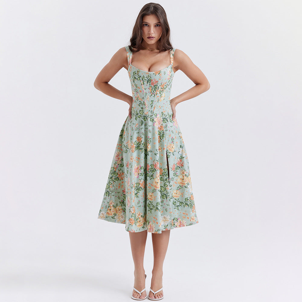 Floral Corset Wide Strap High Split Fit and Flare Midi Dress