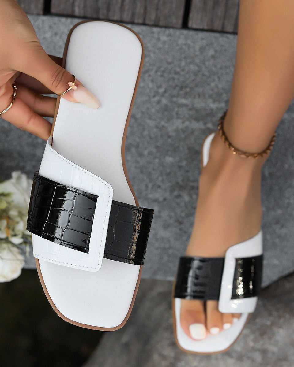 Patent Leather Color Block Square-Toe Flat Sandals