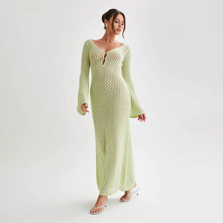 Open Knit Crochet Deep V-Neck Keyhole Bell Sleeve Bodycon Maxi Dress
