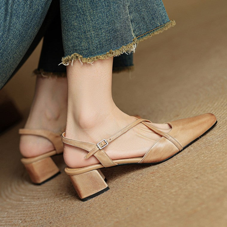 Square Toe Cross Strap Block Heel Slingback Pumps