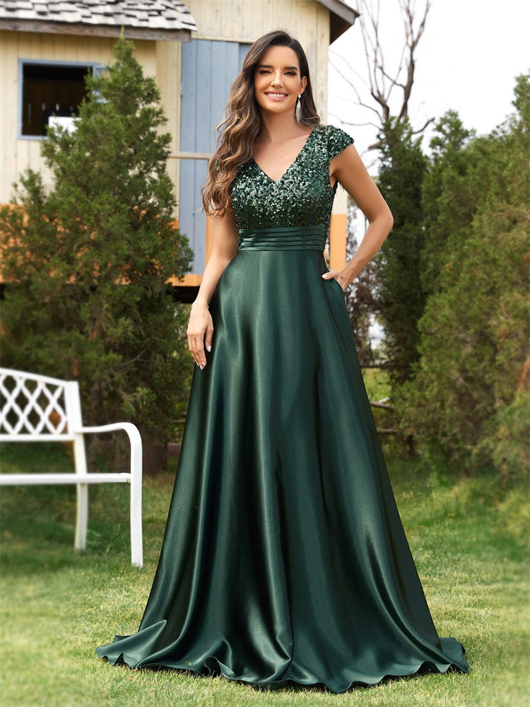 Sequin V-Neck Satin A-Line Maxi Formal Dress