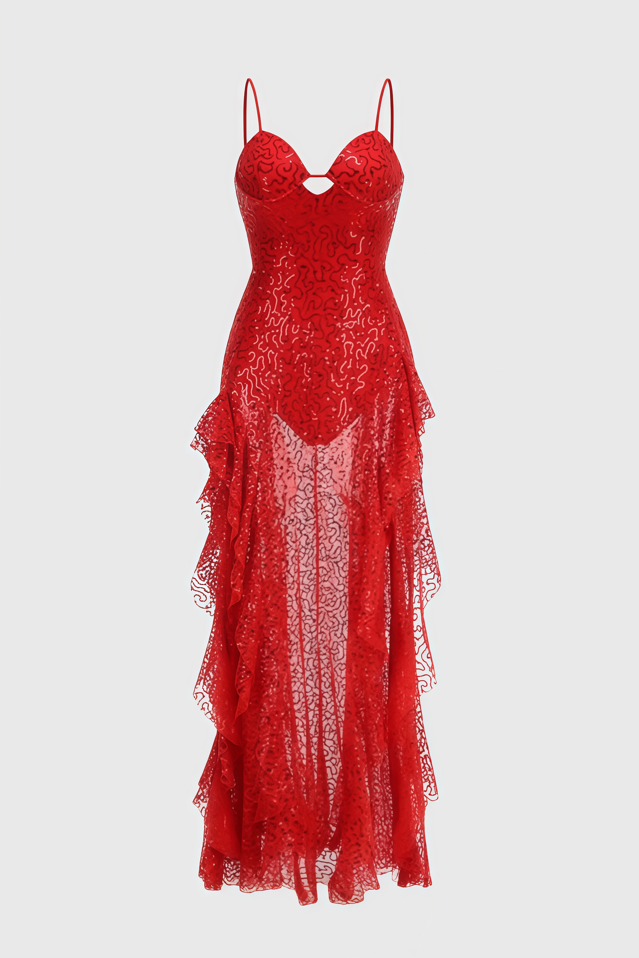 Sequin Spaghetti Strap Sweetheart Ruffle High Low Maxi Dress