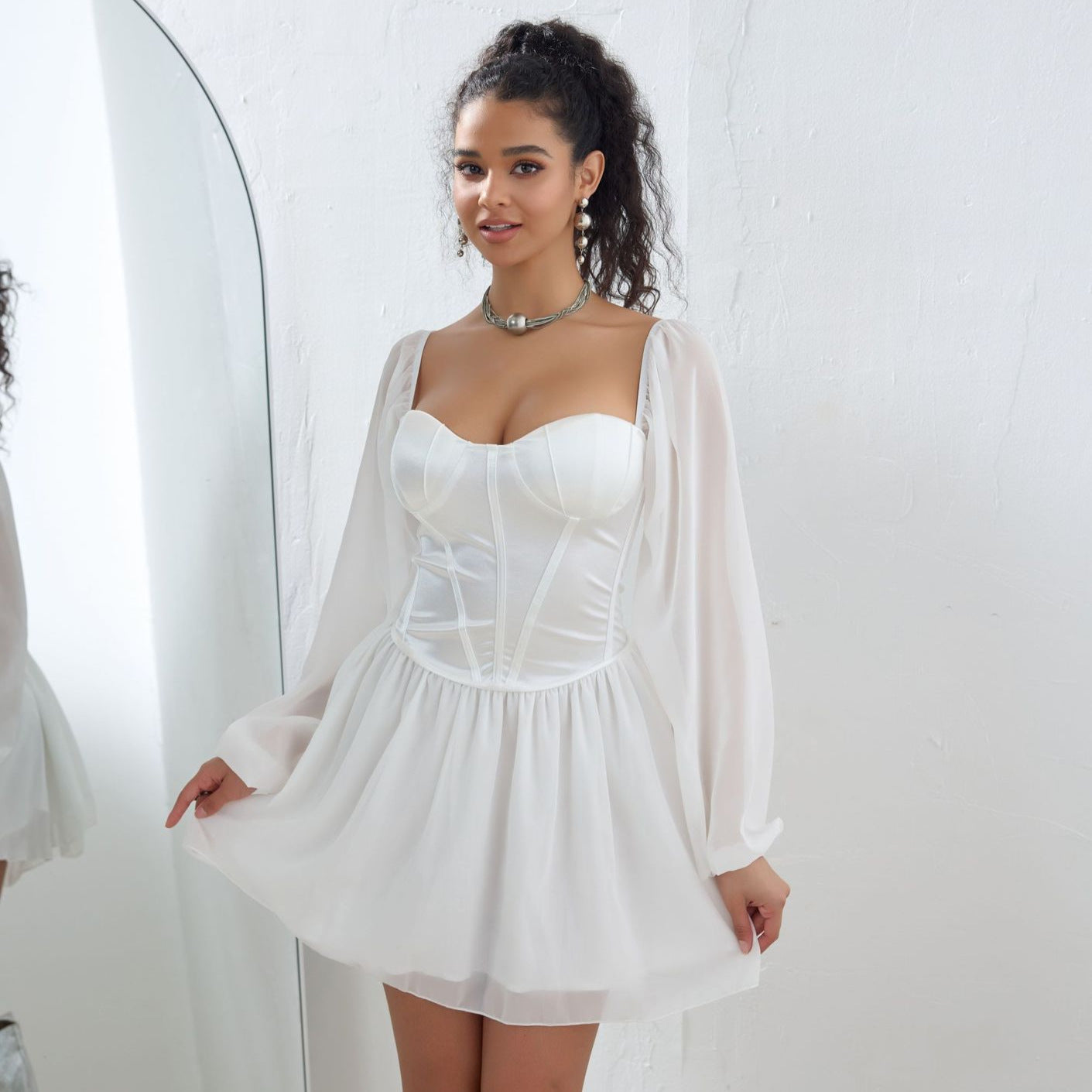 Corset Sweetheart Neck Sheer Balloon Sleeve Mesh Overlay Fit and Flare Mini Dress