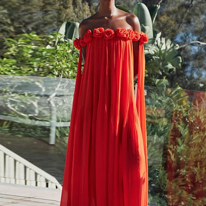 Sexy Dress Spring One Neck off the Shoulder Stitching Three Dimensional Floral Long Formal Dress Women