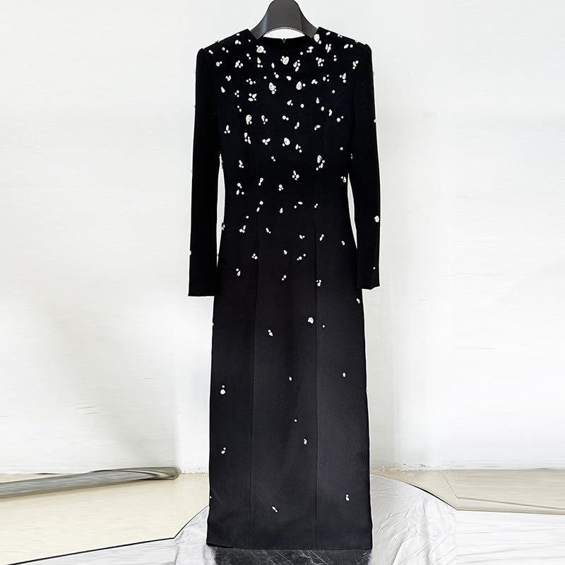 Round Neck Long Sleeve Beaded Column Maxi Evening Gown