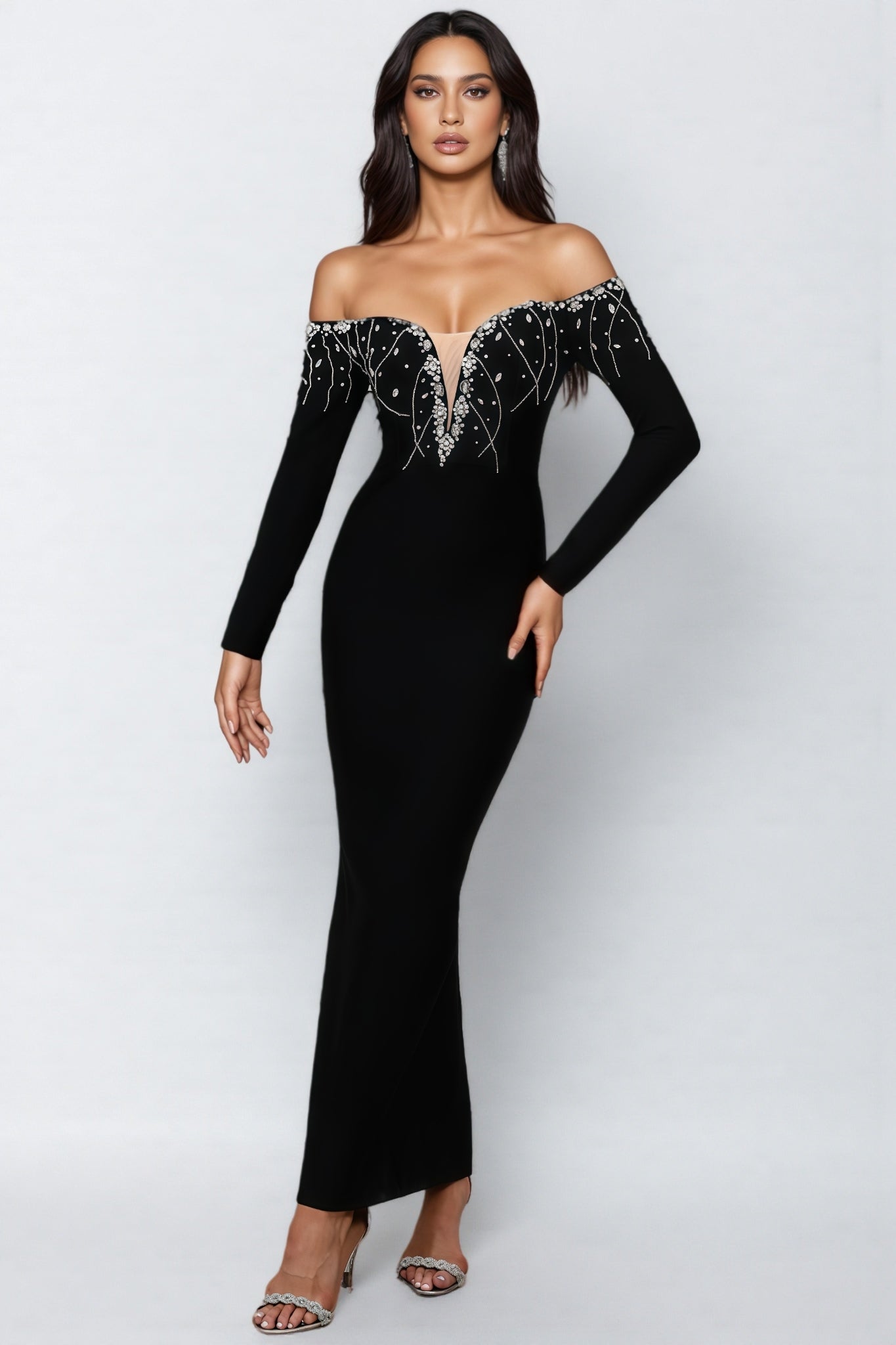 Rhinestone Embroidered Off Shoulder Long Sleeve Deep V-Neck Mesh Maxi Gown