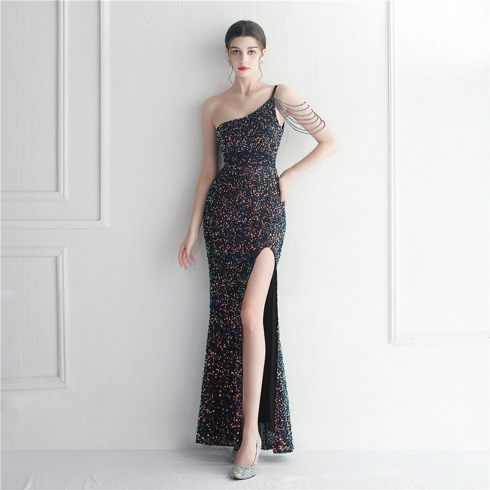 Sequin Beaded One Shoulder High Split Mermaid Gown