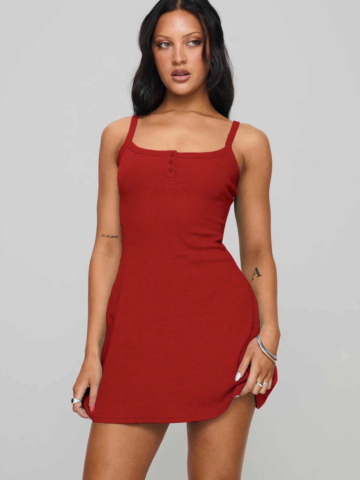 Ribbed Knit Scoop Neck Button Placket Cami Mini Dress 2
