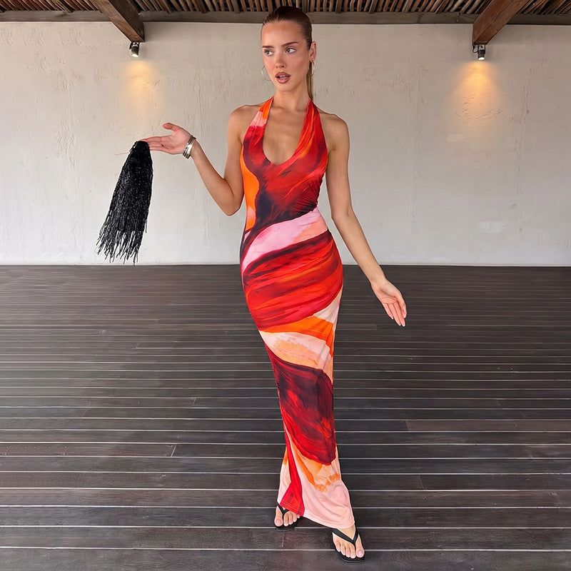 Women Clothing Summer Sexy Print Backless Slit Lace up Dress
