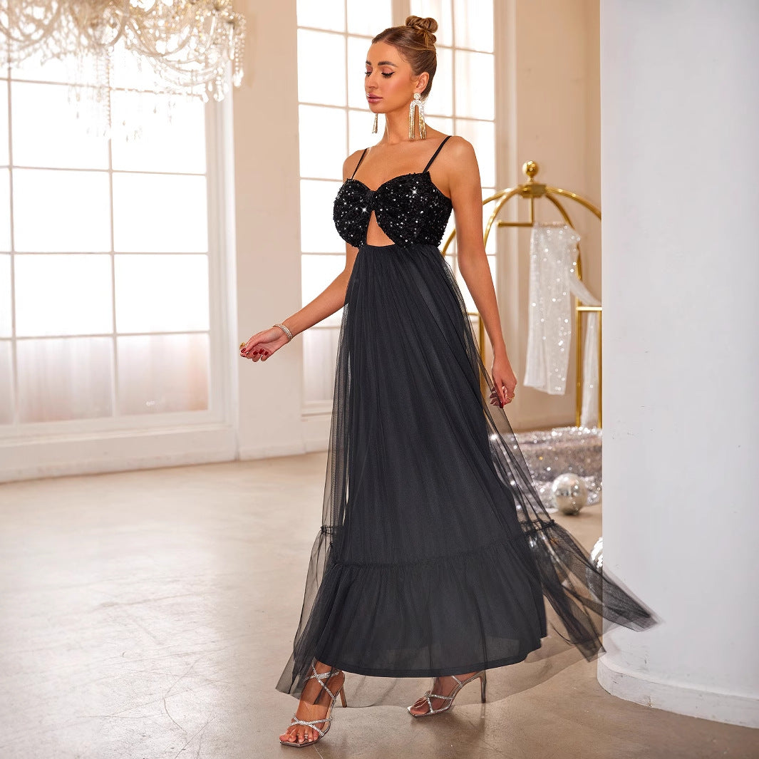 Sequin Bustier Spaghetti Strap Cut Out Tulle Maxi Dress