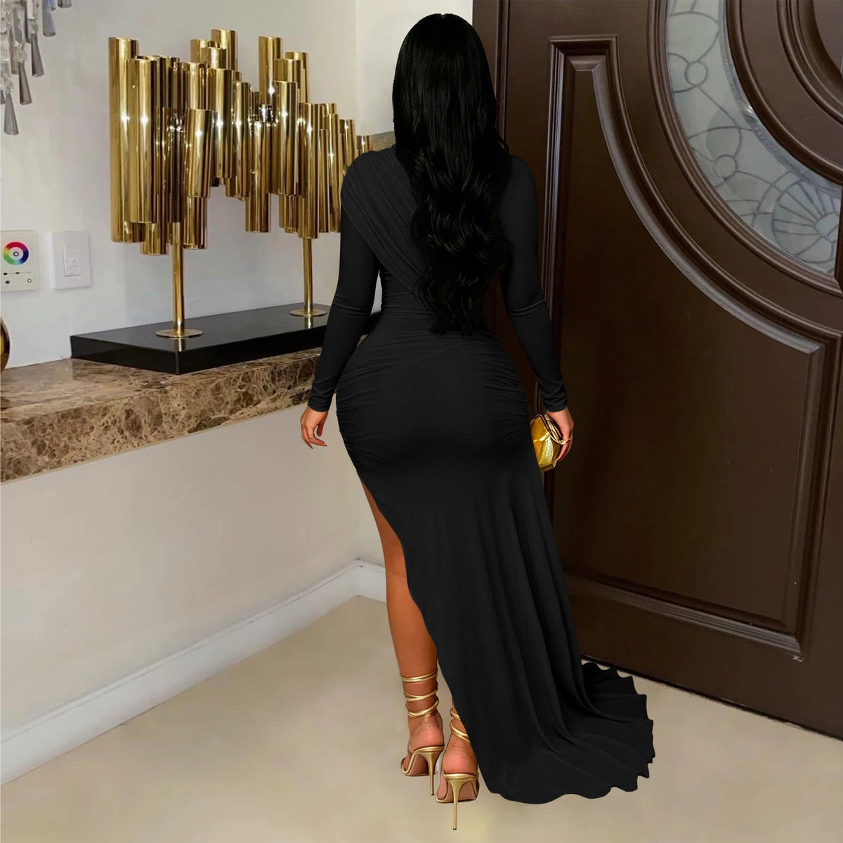 Mock Neck Long Sleeve Ruched Bodycon Mini Dress with Draped Train 3
