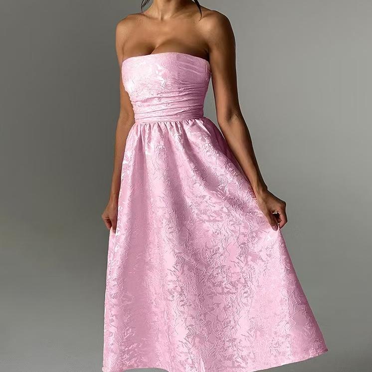 Jacquard Strapless Ruched Waist Fit and Flare Midi Dress