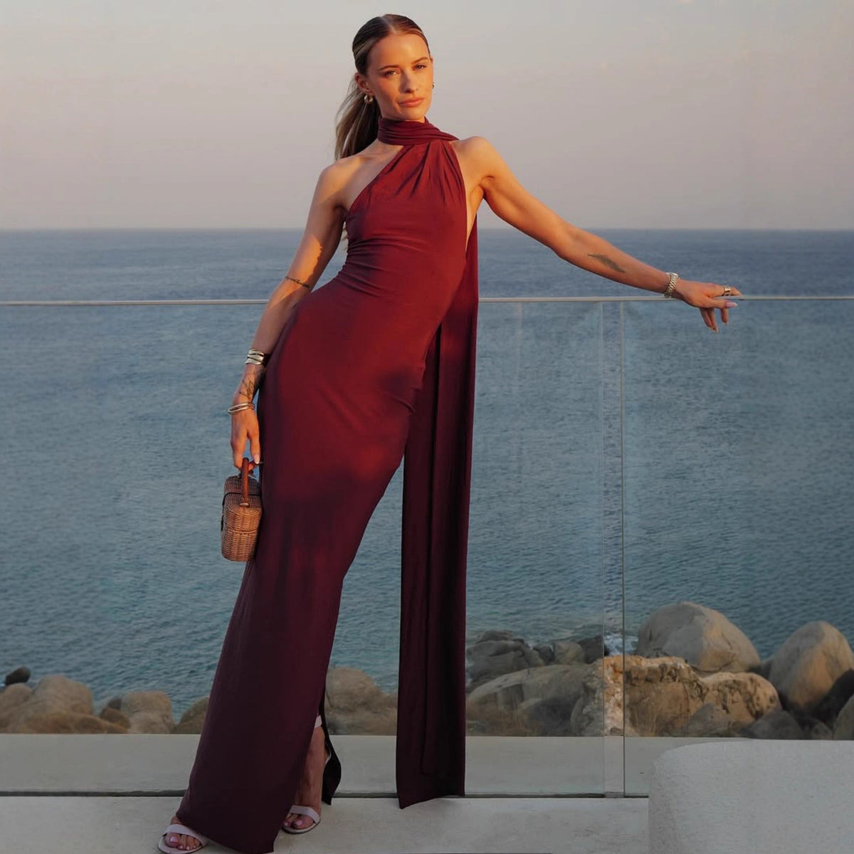 Scarf Halter Neck Draped Sash Sleeveless Side Split Maxi Dress