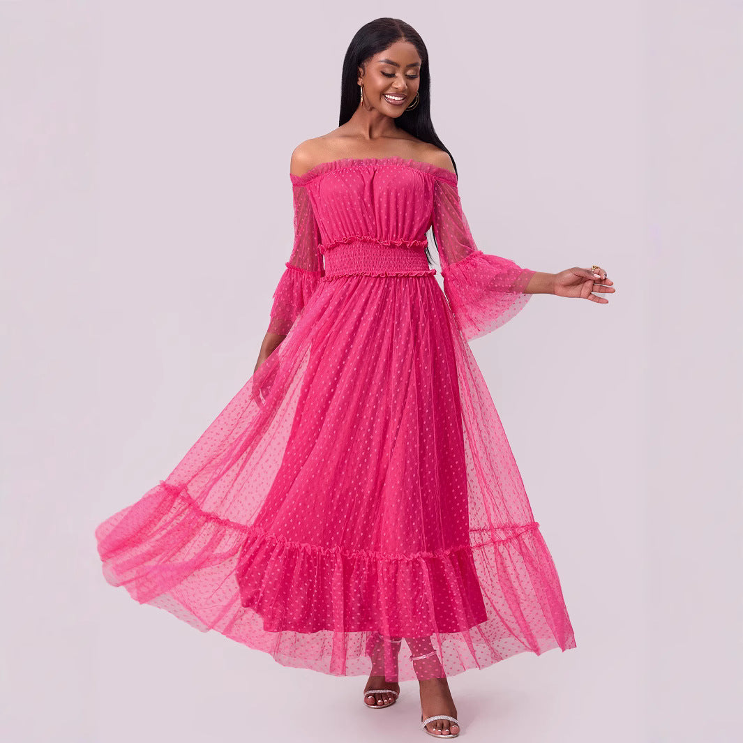 Women Clothing off Shoulder Mesh Long Sleeve Wedding Dress Large Swing Dress