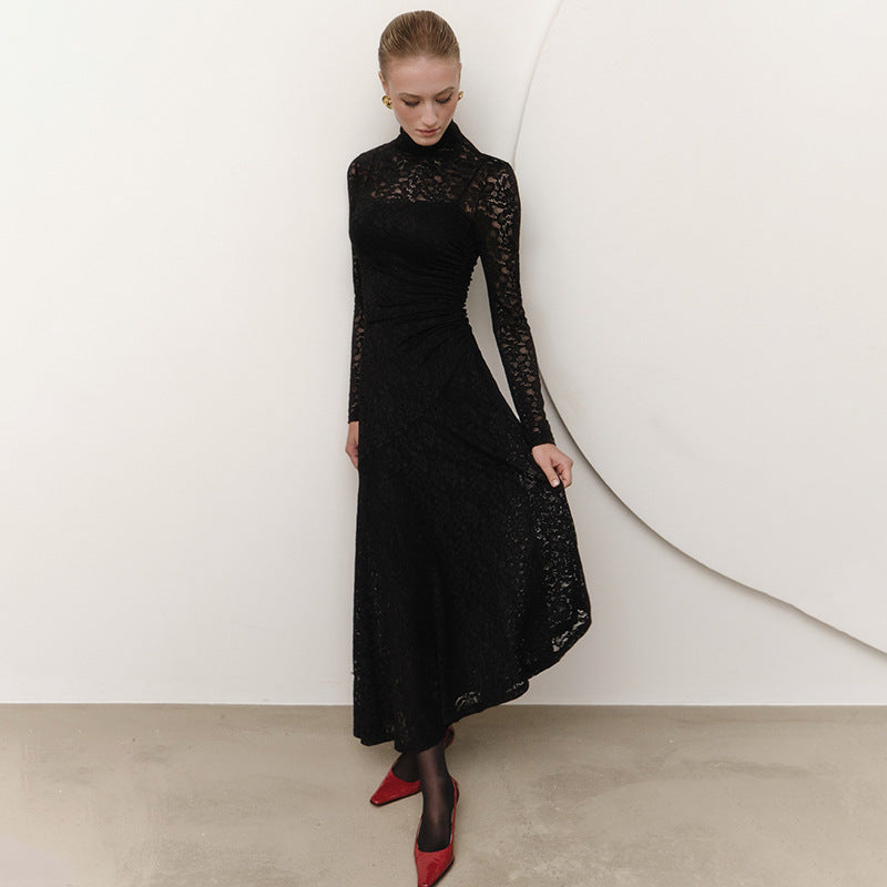 Mock Neck Long Sleeve Lace Ruched Waist Asymmetric Midi Dress 4