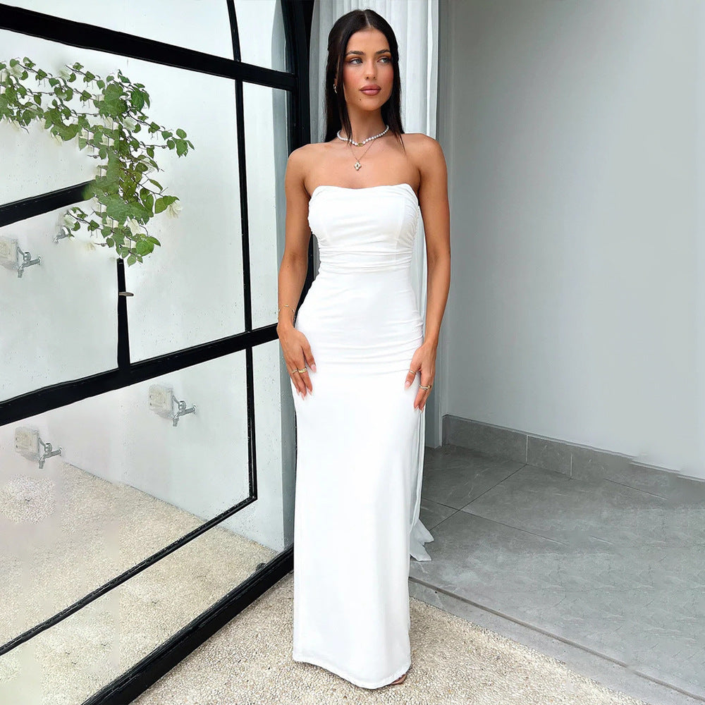 Strapless Ruched Bodice Lace Up Back Bodycon Maxi Dress 4