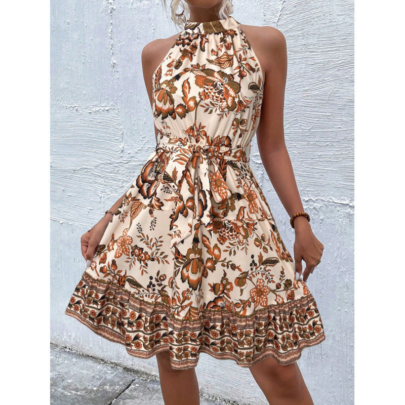 Floral Halter Neck Tie Waist Tiered A-Line Mini Summer Dress