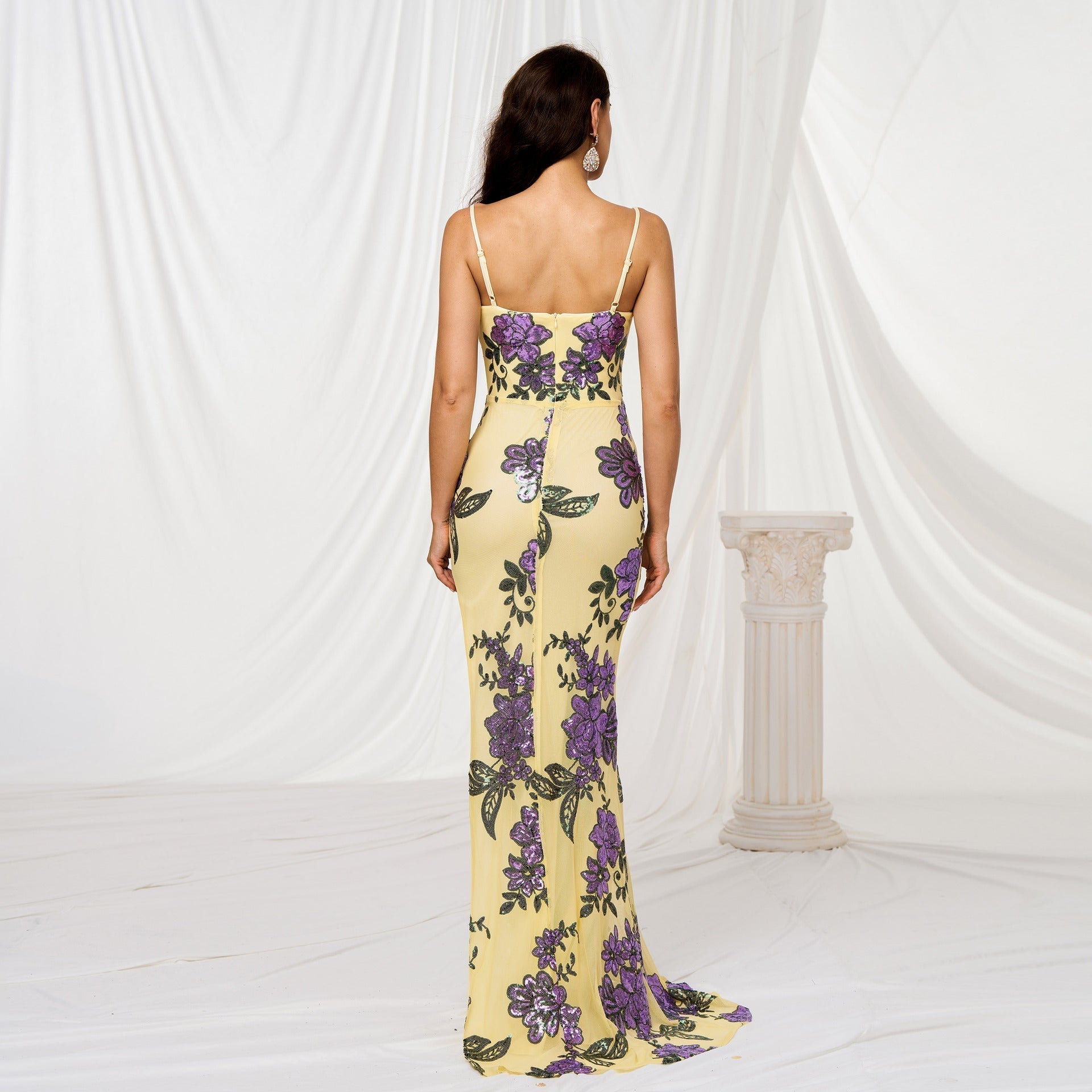 Sequin Floral Spaghetti Strap V-Neck High Split Mermaid Evening Gown