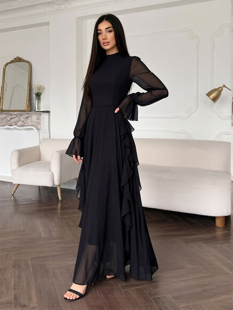 Chiffon Mock Neck Sheer Long Sleeve Ruffle Trim A-Line Maxi Dress 2