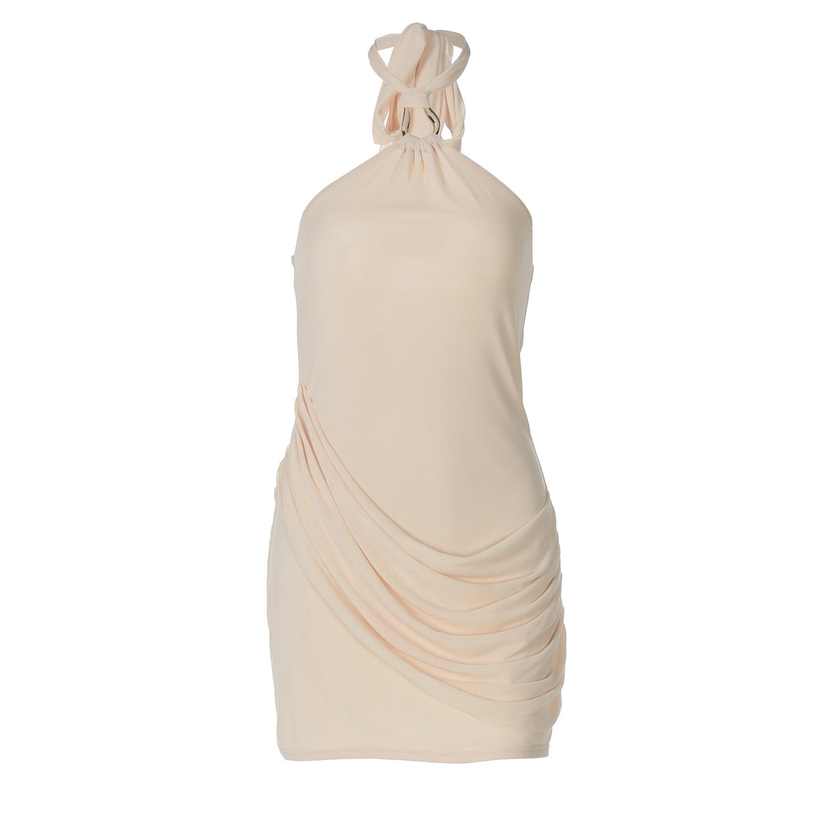 Halter Neck O Ring Draped Mesh Overlay Bodycon Mini Dress 5