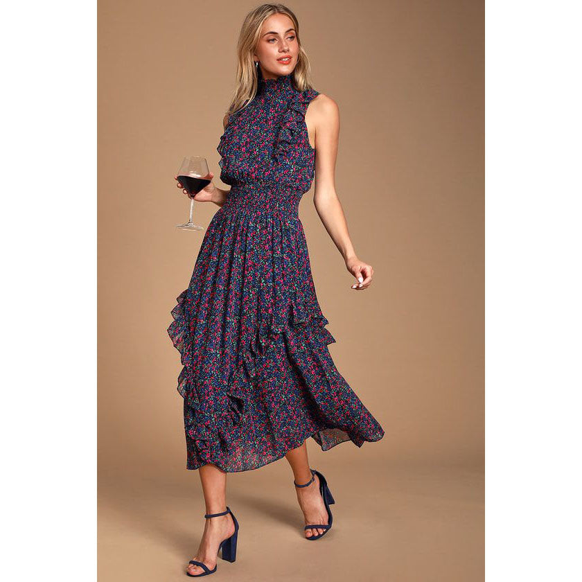 Ditsy Floral Mock Neck Sleeveless Ruffle Trim Smocked Waist Midi Dress 4