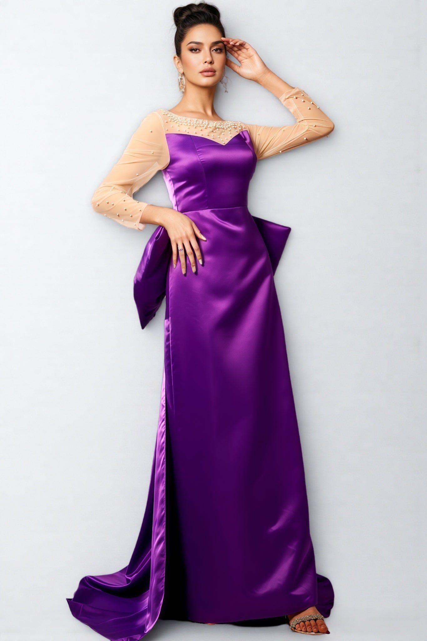 Pearl Embellished Sheer Mesh Yoke Long Sleeve Sweetheart Hip Bow Maxi Gown