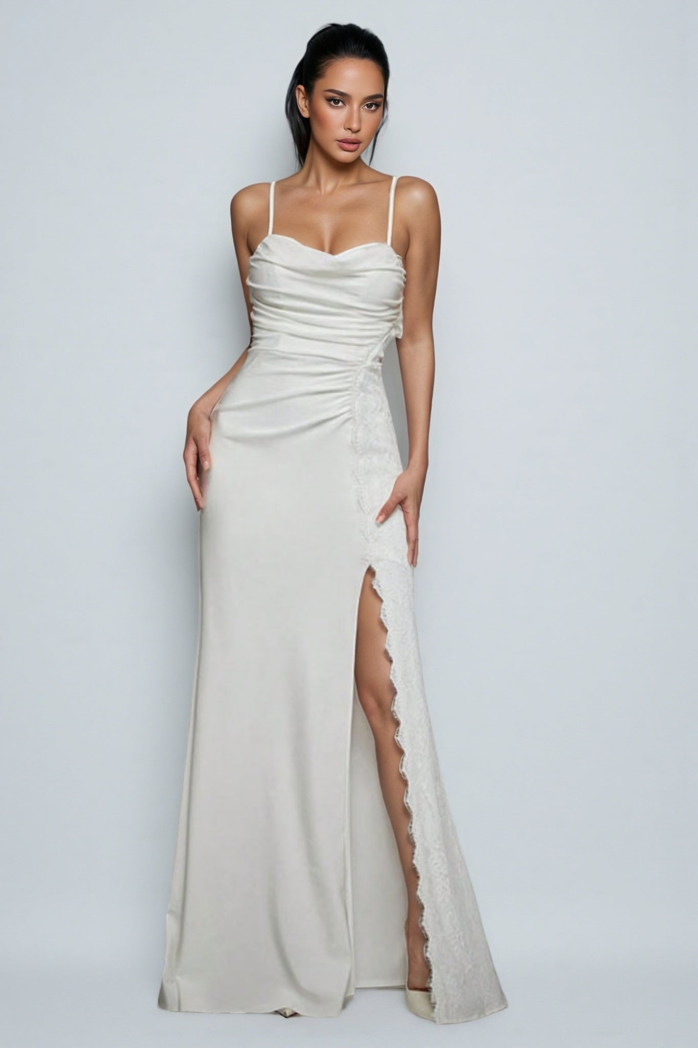 Xila White Split Satin Maxi Dress - View 4