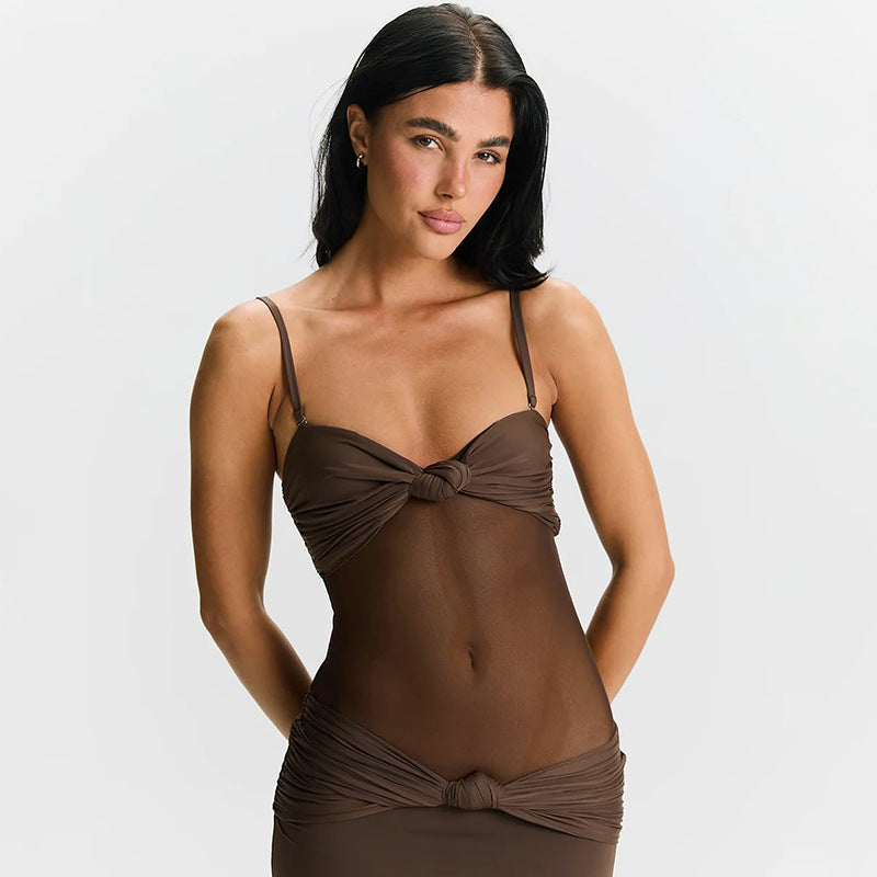 Strapless Sweetheart Mesh Midriff Cut Out Knot Detail Bodycon Maxi Dress