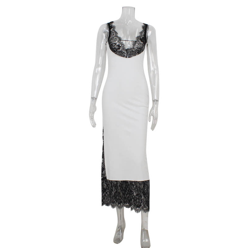 Sleeveless Lace Bodice Deep V-Neck Lace Panel Bodycon Maxi Gown