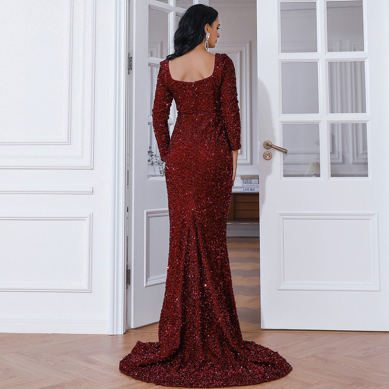 Sequin Sweetheart Off Shoulder Long Sleeve Mermaid Maxi Gown