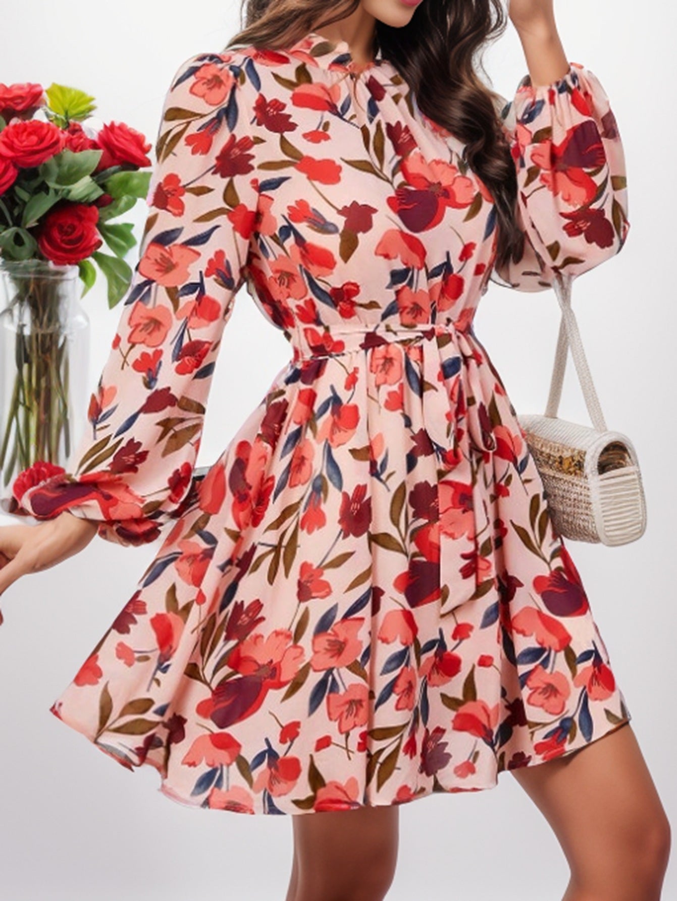 Floral High Neck Long Sleeve Tie Waist Fit and Flare Mini Dress