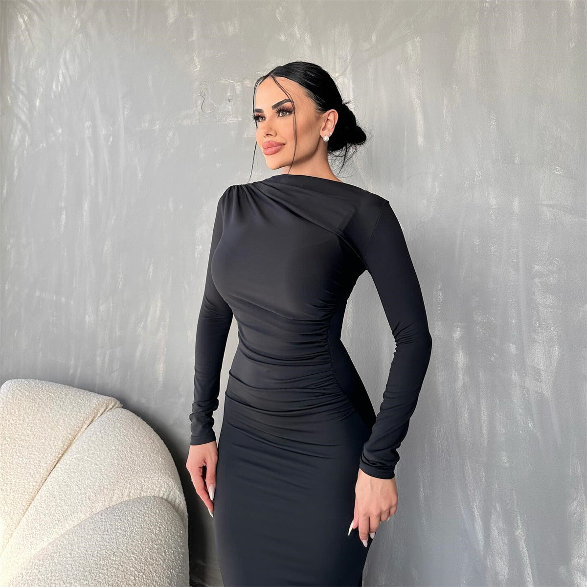 Autumn Winter Solid Color Round Neck Long Sleeve Sexy Dress Women Clothing Dress