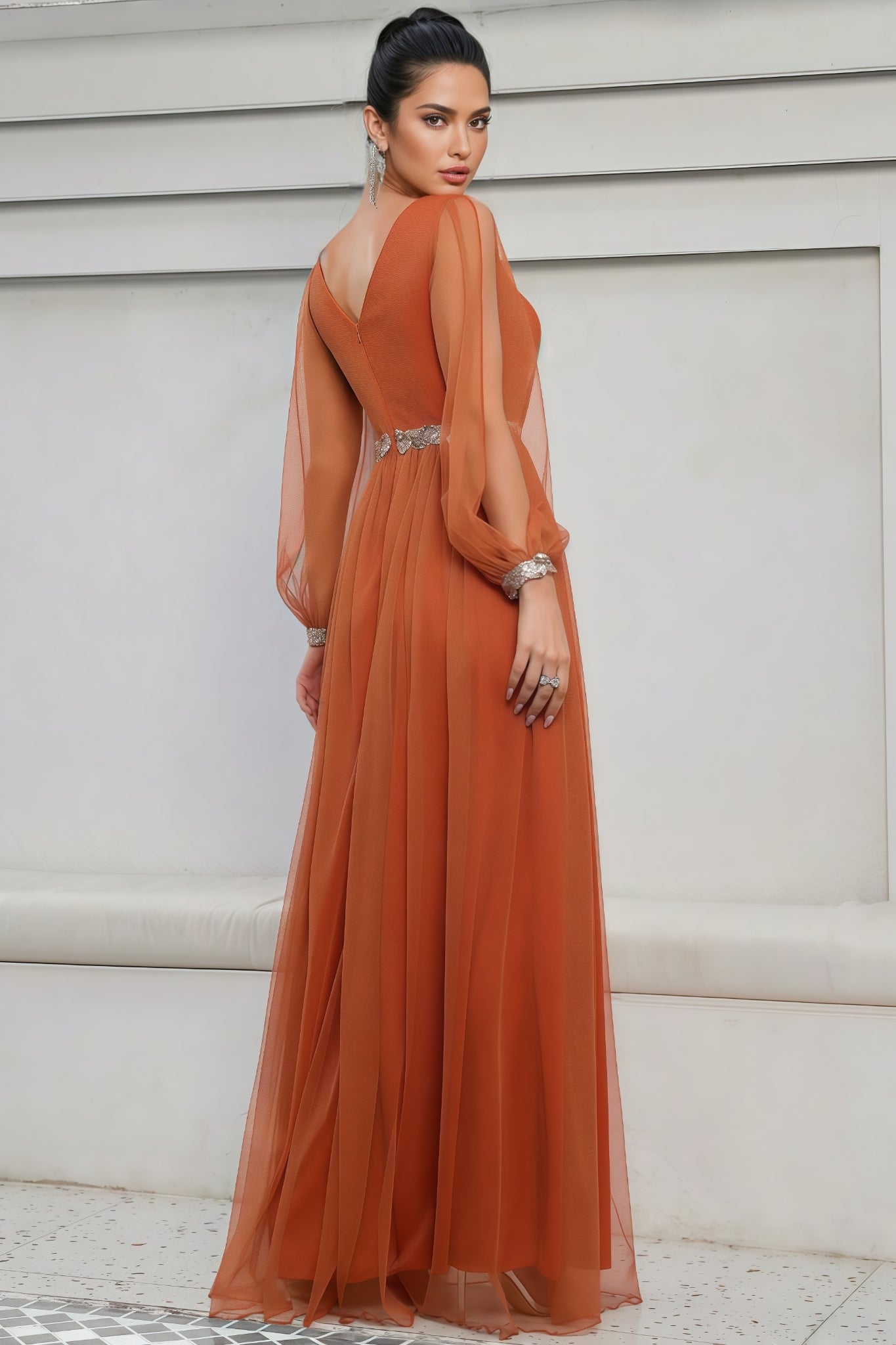 Kole Orange V-neck Mesh Slit Maxi Dress - View 5