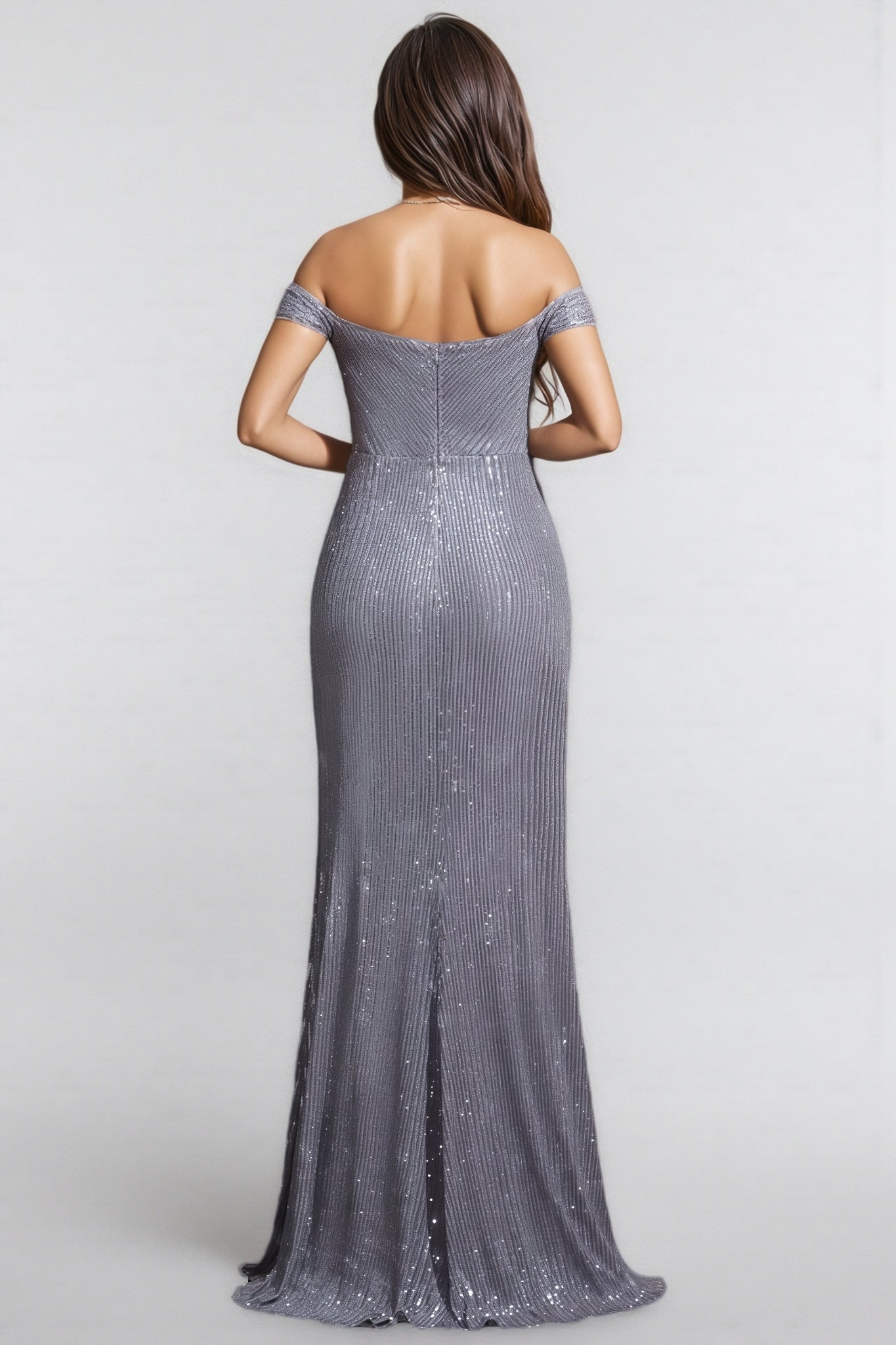 Sequin Off Shoulder Sweetheart Vertical Stripe High Split Mermaid Maxi Gown