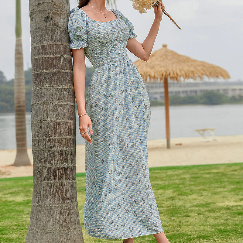 Floral Gingham Smocked Bodice Puff Sleeve Square Neck Maxi Dress 3