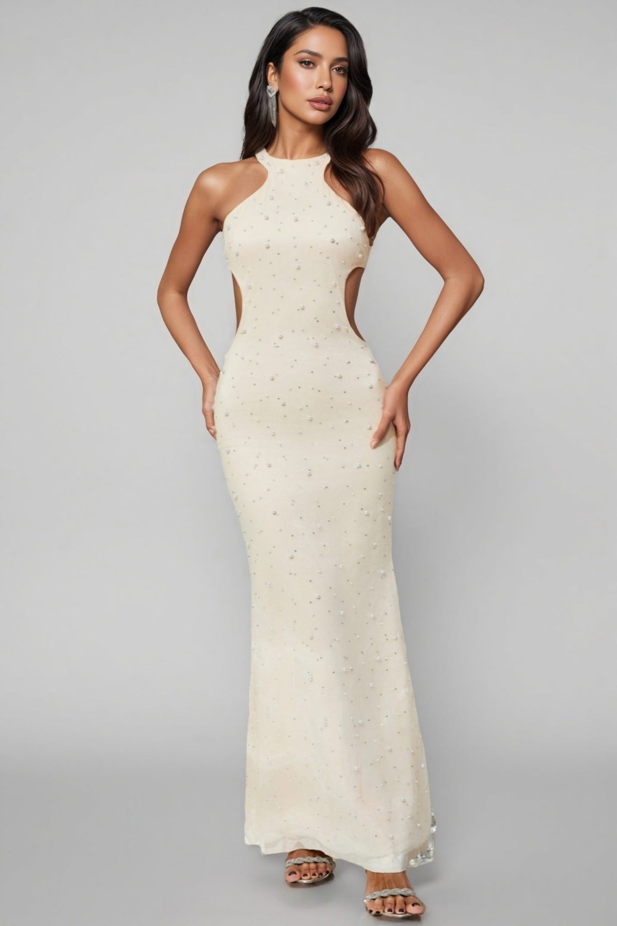Faux Pearl Beaded Halter Neck Cut Out Waist Mermaid Maxi Dress