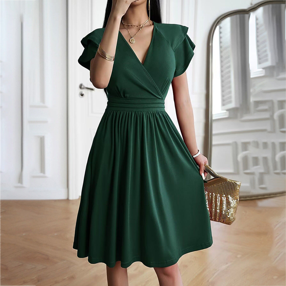 V-Neck Flutter Sleeve Wrap Pleated Waistband Fit and Flare Midi Dress