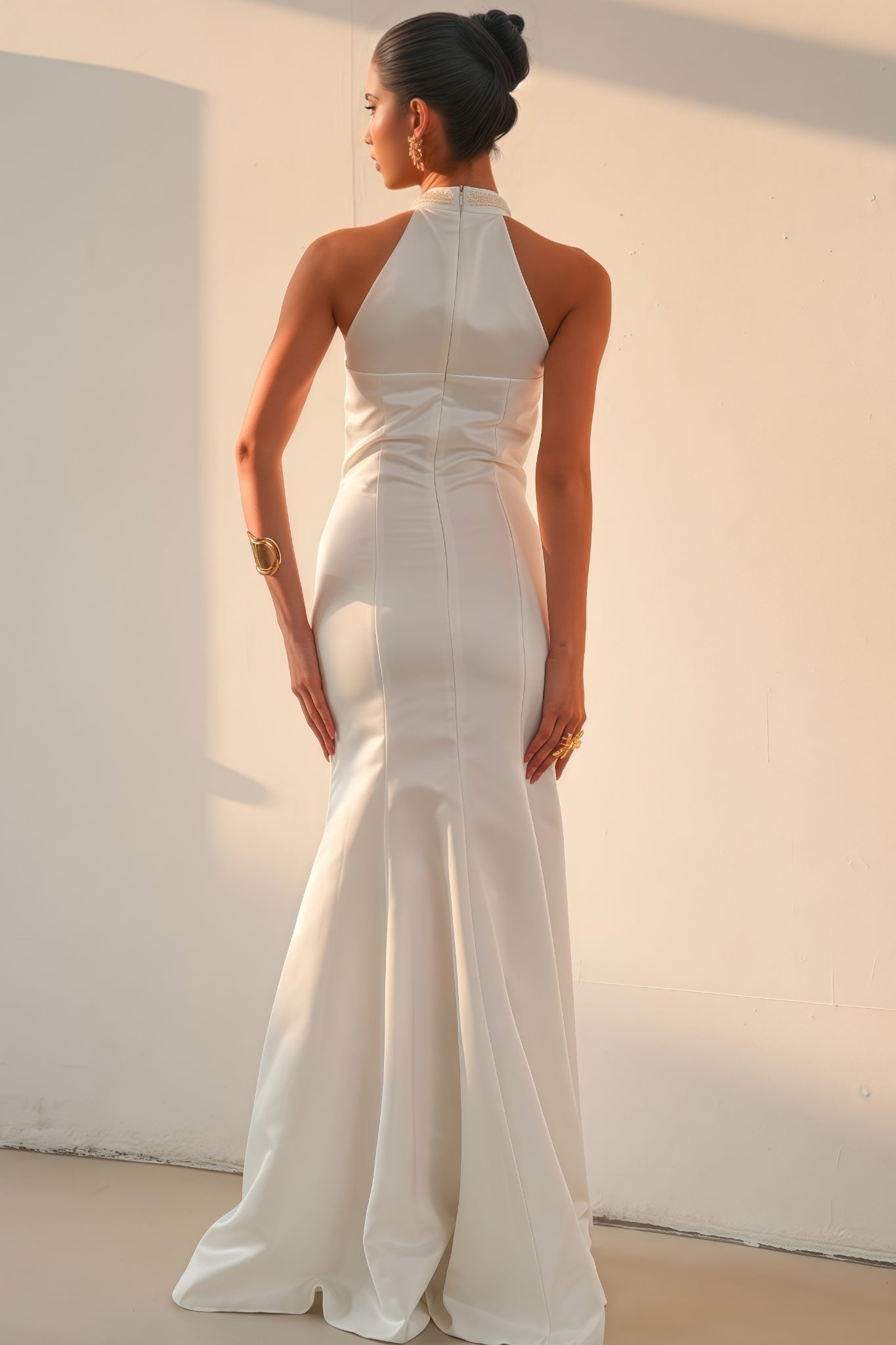 Pearl Beaded Halter Keyhole Cascade Fringe Mermaid Gown